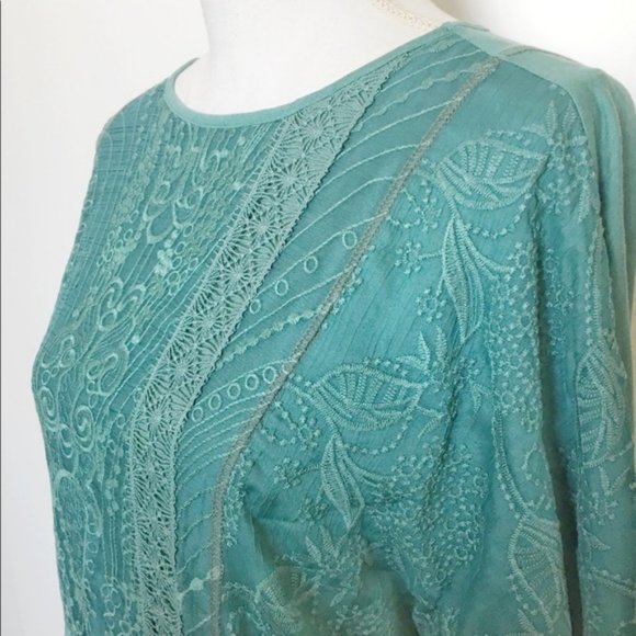NWT Anthropologie Teal Green Tiny Kate Lacey Boho Batwing Embroidered Top Sz M - Picture 5 of 10